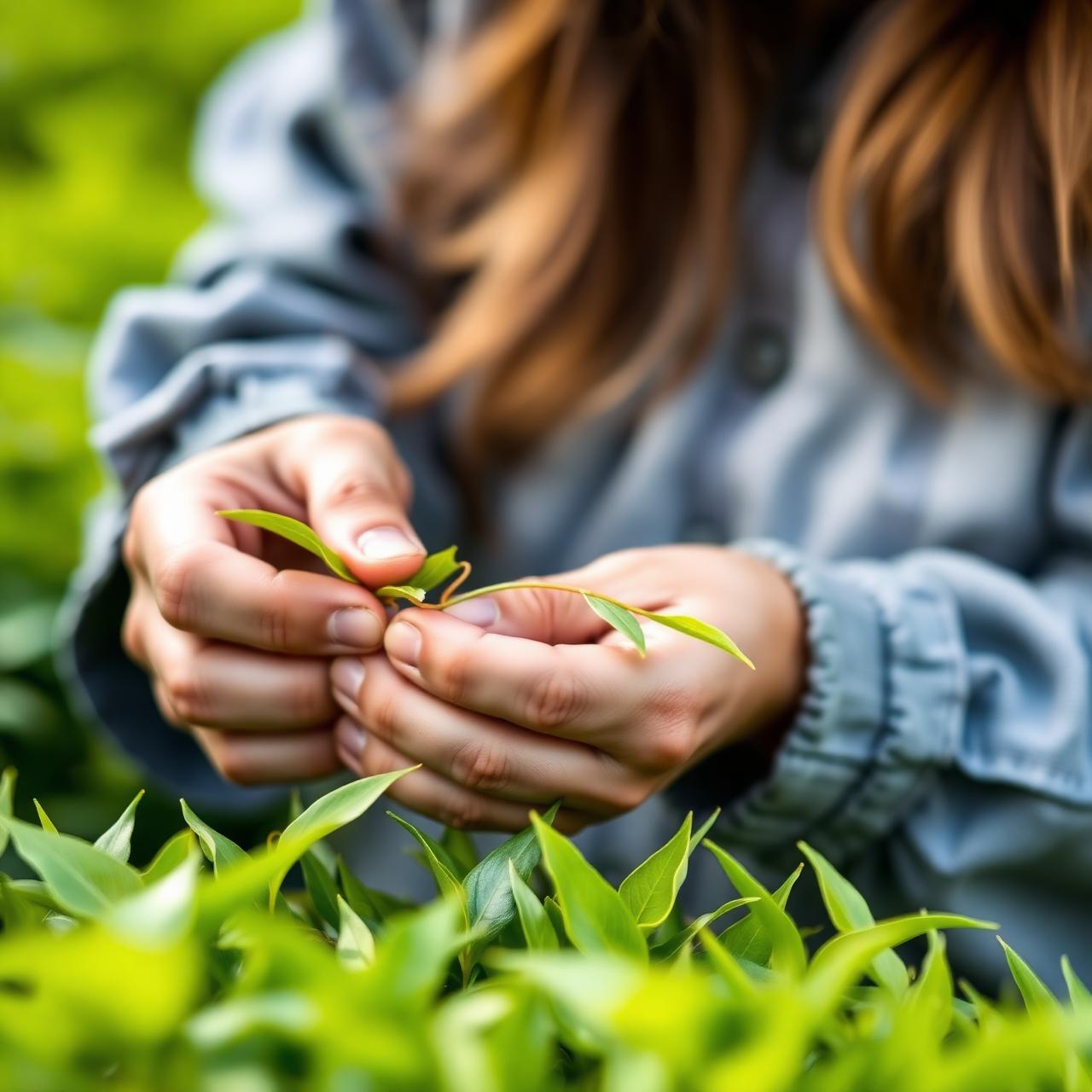 Hands picking young tea leaves